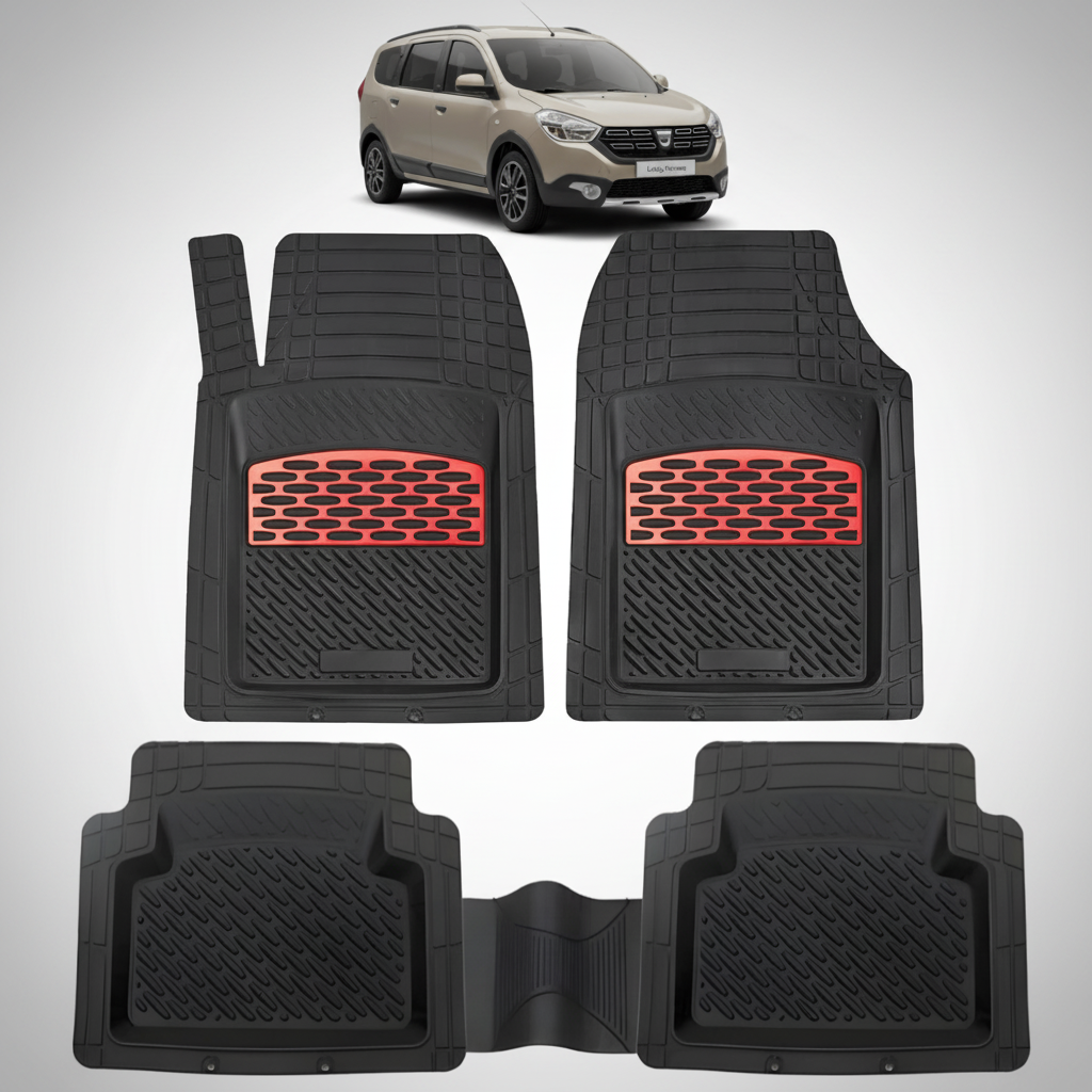 Set of black car floor mats with red accents on a white background, featuring a car image at the top.