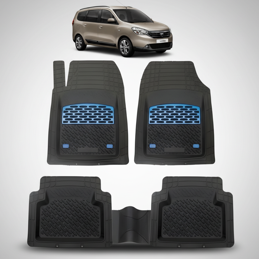 Set of black car floor mats with blue accents on a white background, featuring a small inset image of a beige car.
