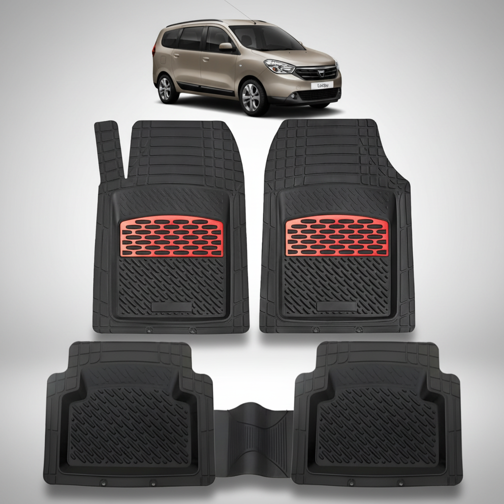 Set of black car floor mats with red accents on a white background, featuring a car in the corner.