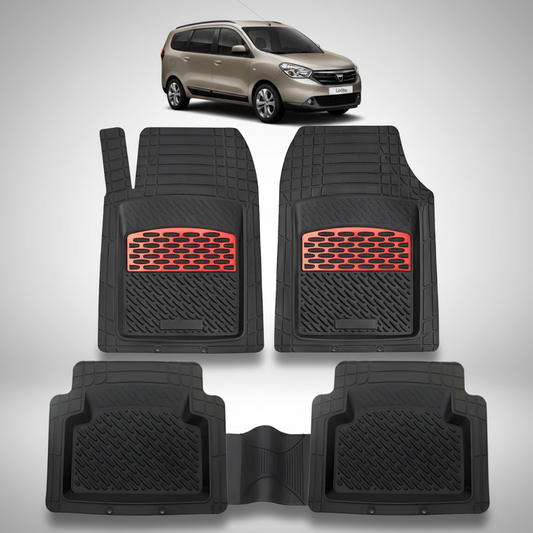 Set of black car floor mats with red accents on a white background, featuring a car in the corner.