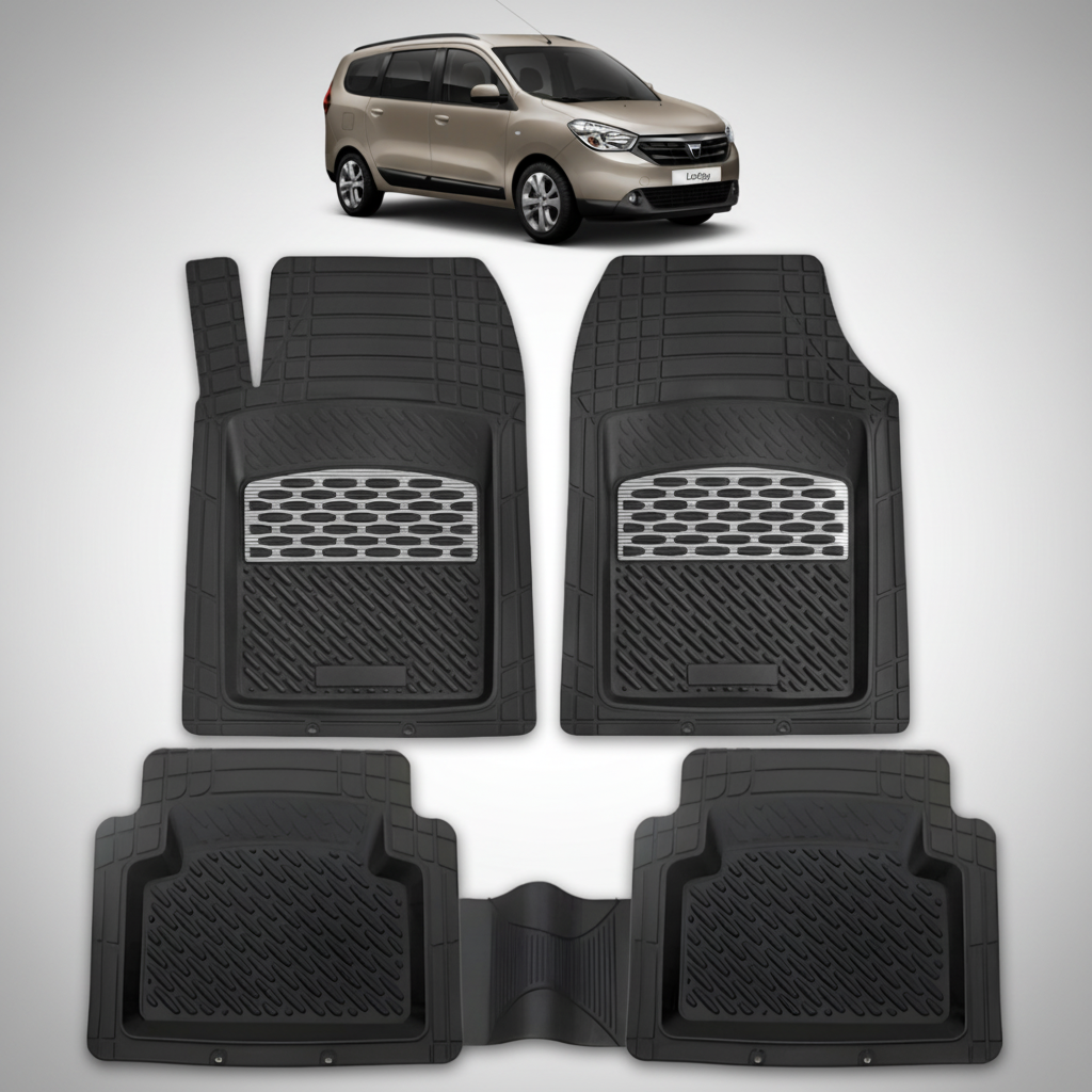 Set of black car floor mats with a car in the top corner on a white background