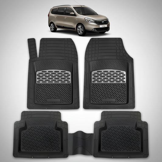 Set of black car floor mats with a car in the top corner on a white background