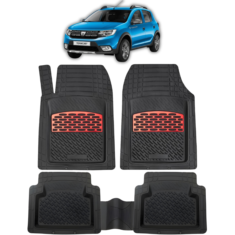 Set of black car floor mats with red accents on a white background, featuring a blue car at the top.