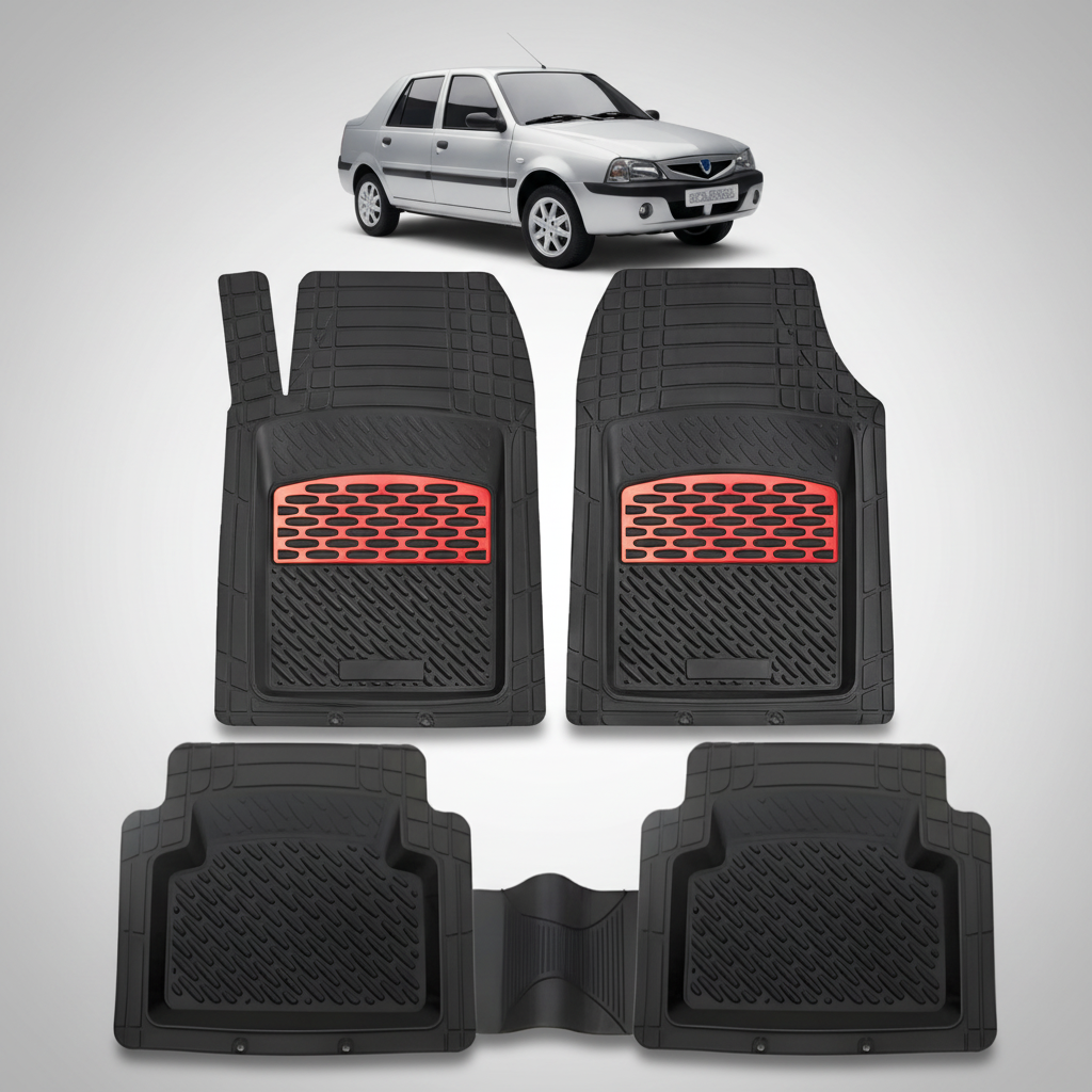 Set of black car floor mats with red accents on a white background, featuring a small car illustration.