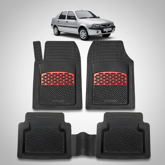 Set of black car floor mats with red accents on a white background, featuring a small car illustration.