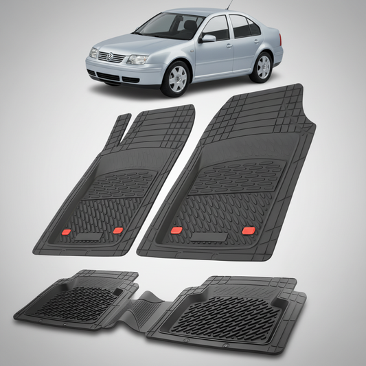 Set of black car floor mats with a car in the background