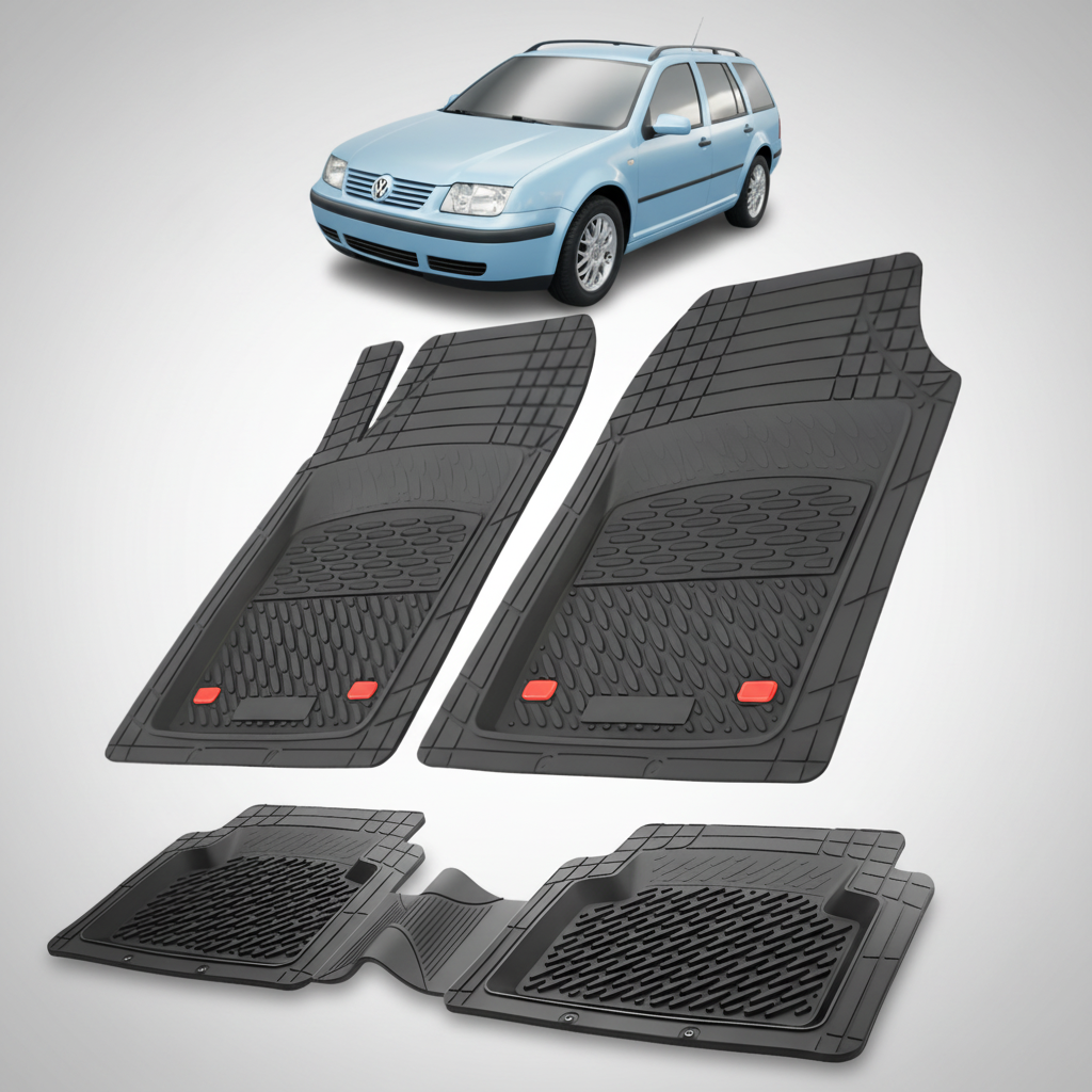 Set of black car floor mats with a small inset of a blue car.
