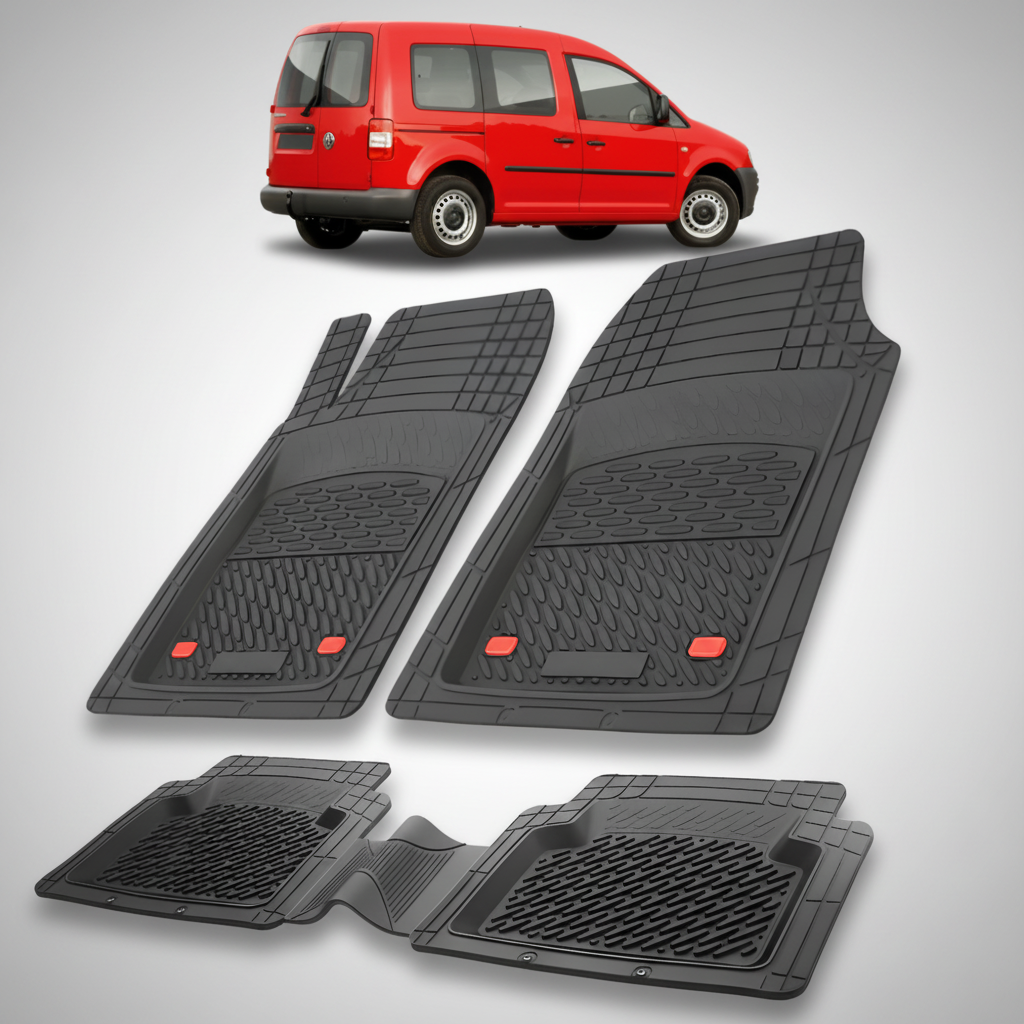 Set of black car floor mats with a red van in the background