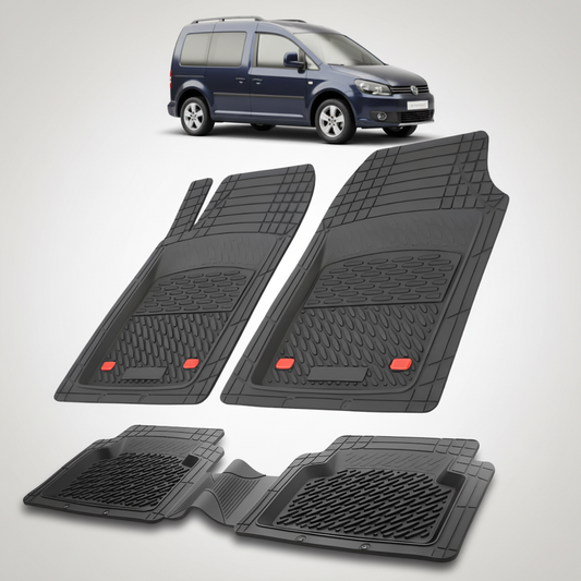 Set of black car floor mats with a blue car in the background