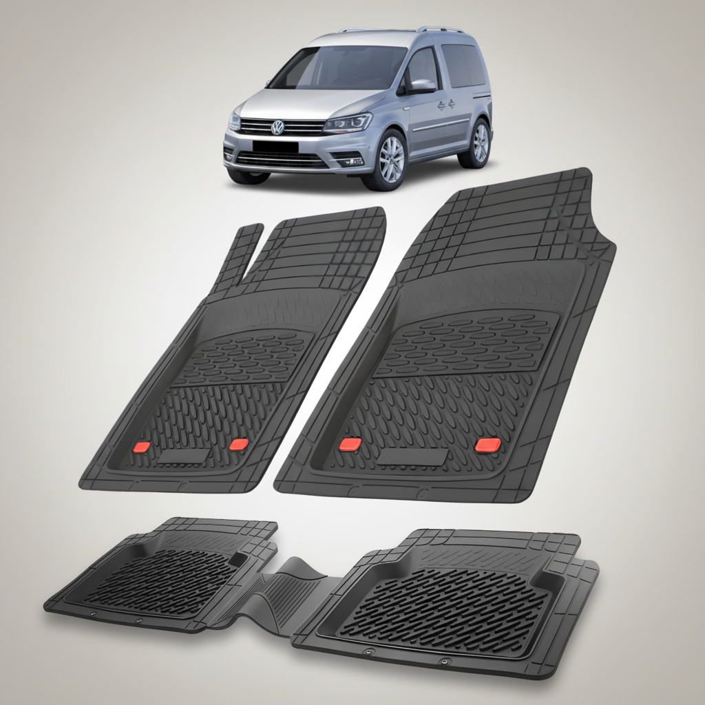 Set of black car floor mats with a Volkswagen van in the background
