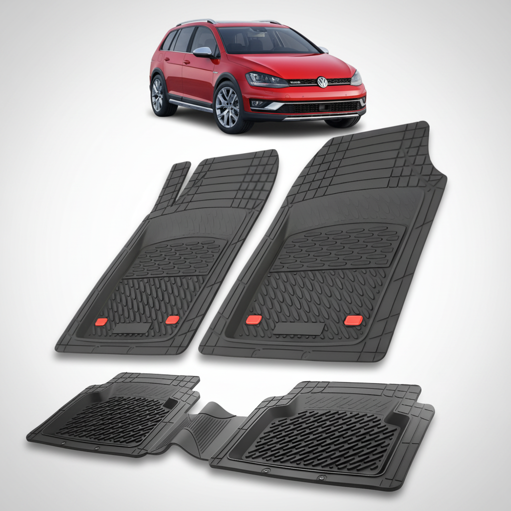Set of black car floor mats with a red Volkswagen car in the background.