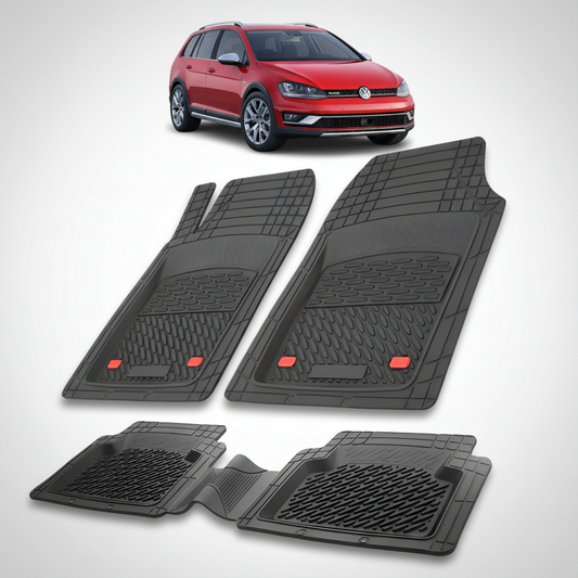 Set of black car floor mats with a red Volkswagen car in the background.