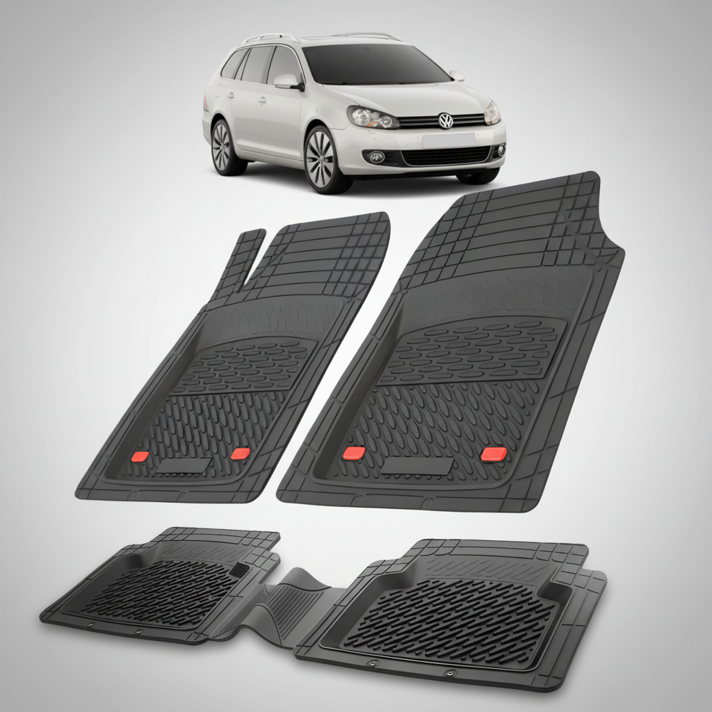 Set of black car floor mats with a white car in the background