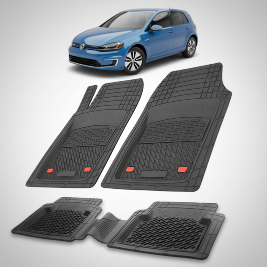 Set of black car floor mats with a blue car in the background