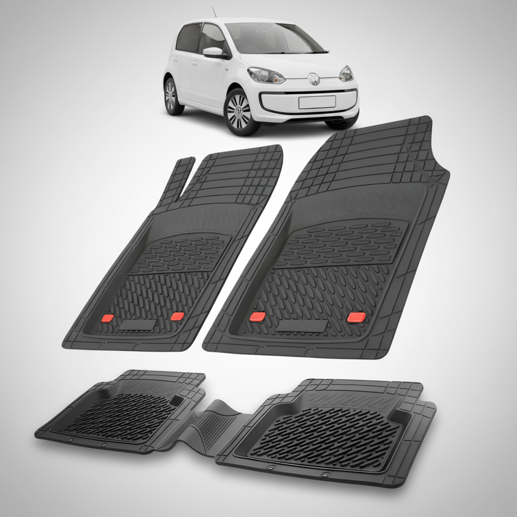 Set of black car floor mats with a small white car in the corner.