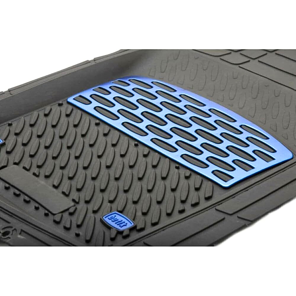 Rubber car mat with a blue brand logo on a white background