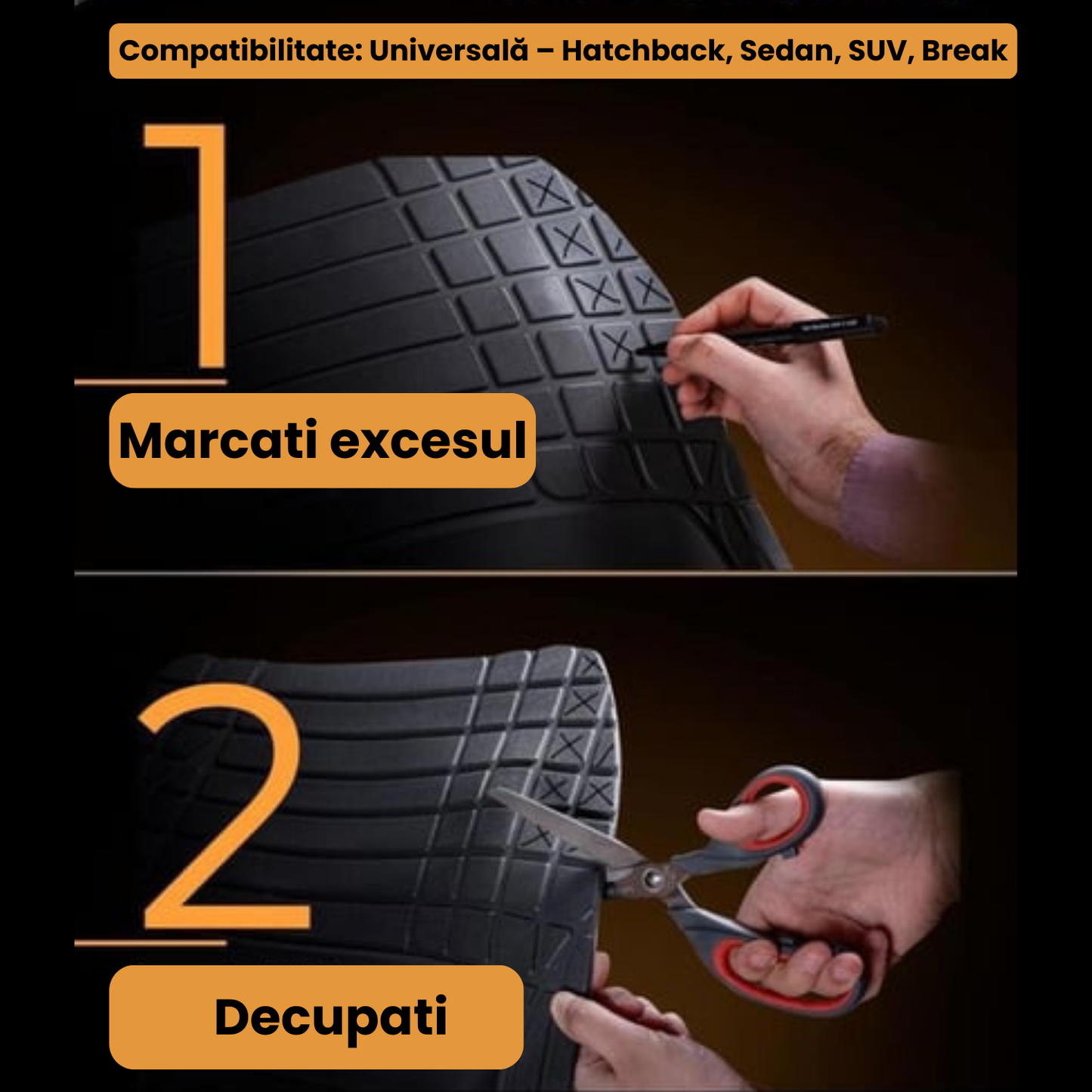 Instructions for marking and cutting a tire with text in Romanian.