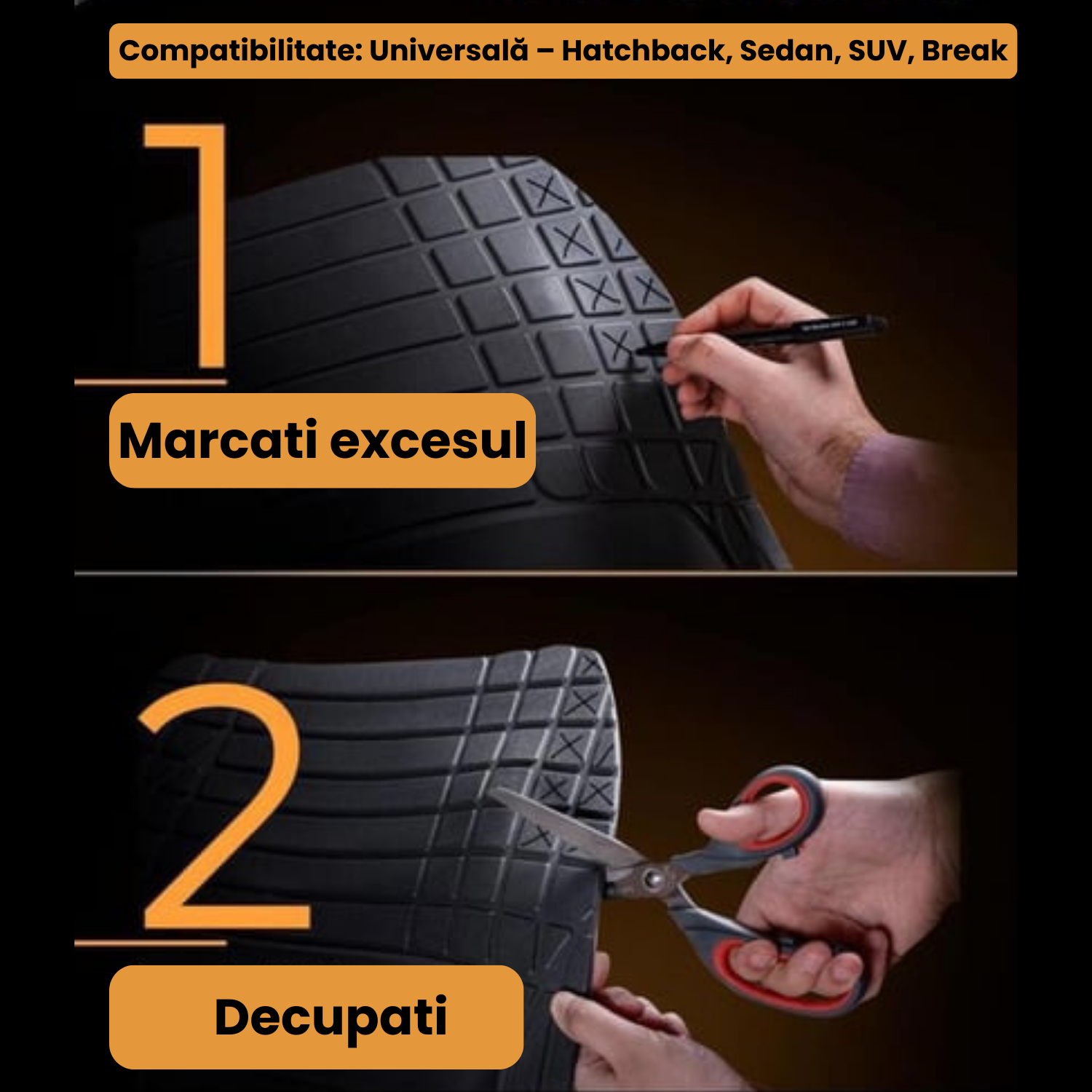 Instructions for marking and cutting a tire with text in Romanian.