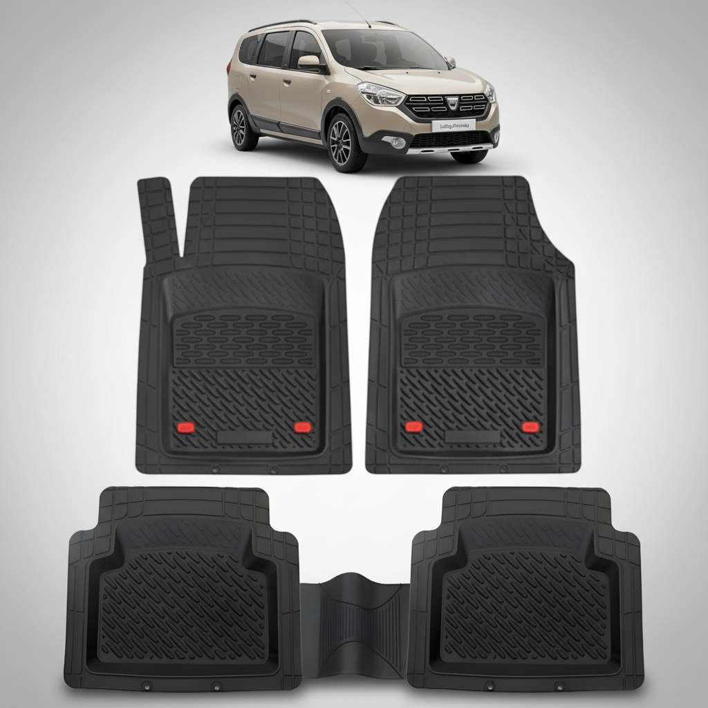 Set of black car floor mats with a car in the background