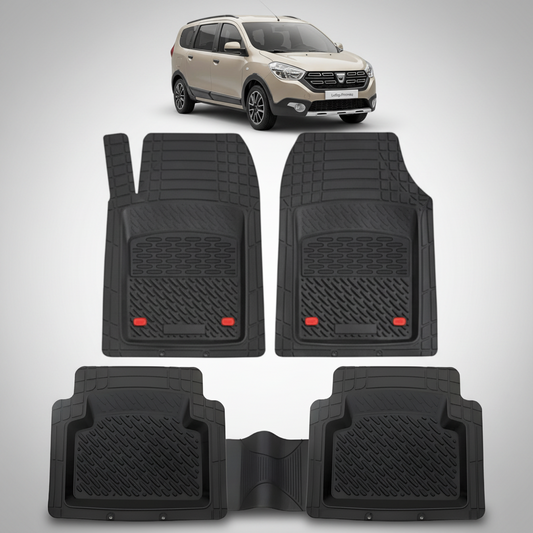 Set of black car floor mats with a car in the background