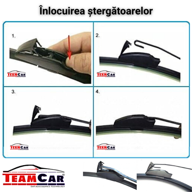 Step-by-step guide on how to replace car wipers with TeamCar branding.