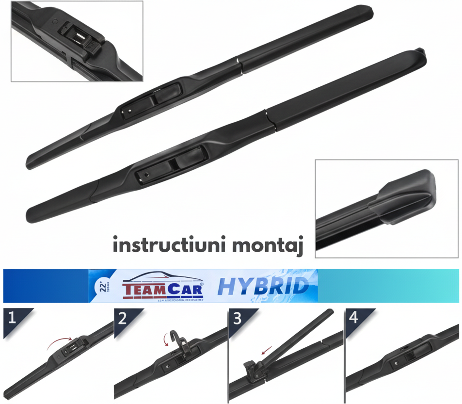 Car wiper blades with installation instructions and TeamCar Hybrid branding.