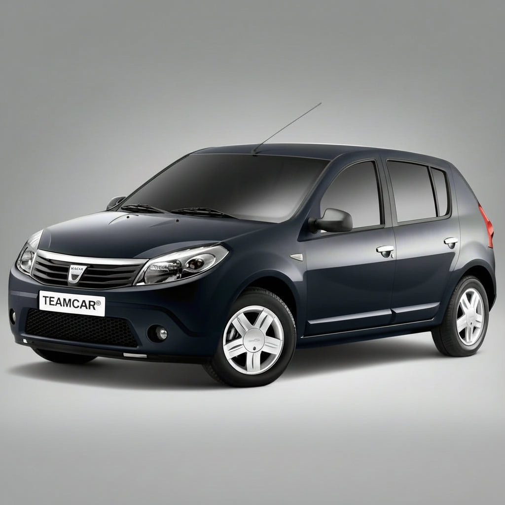 Dacia Sandero I albastru inchis pe fundal gri.