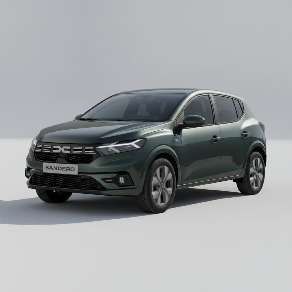 Green SUV with 'Sandero' branding on a gray background