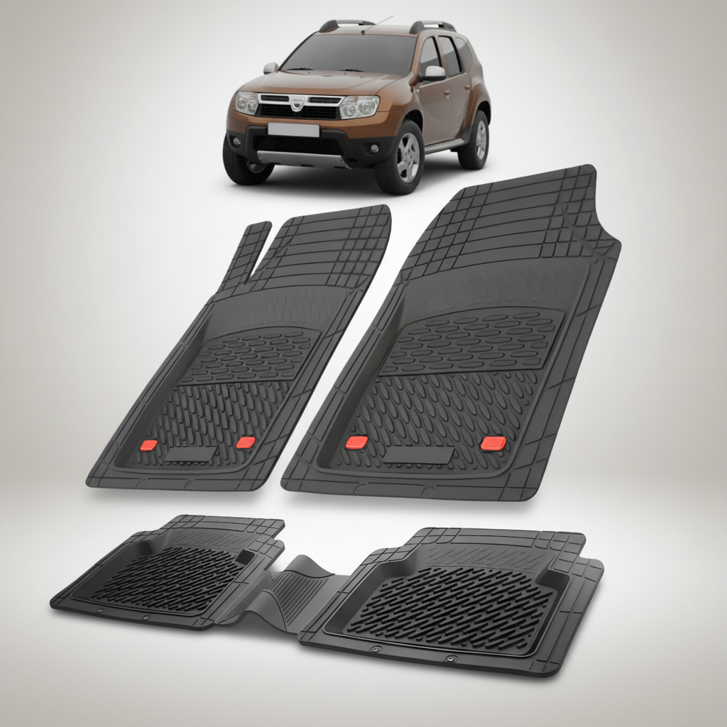Set of black car floor mats with a small car model on a white background