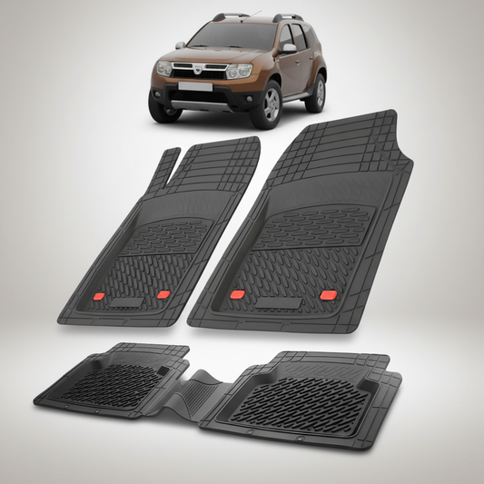 Set of black car floor mats with a small car model on a white background