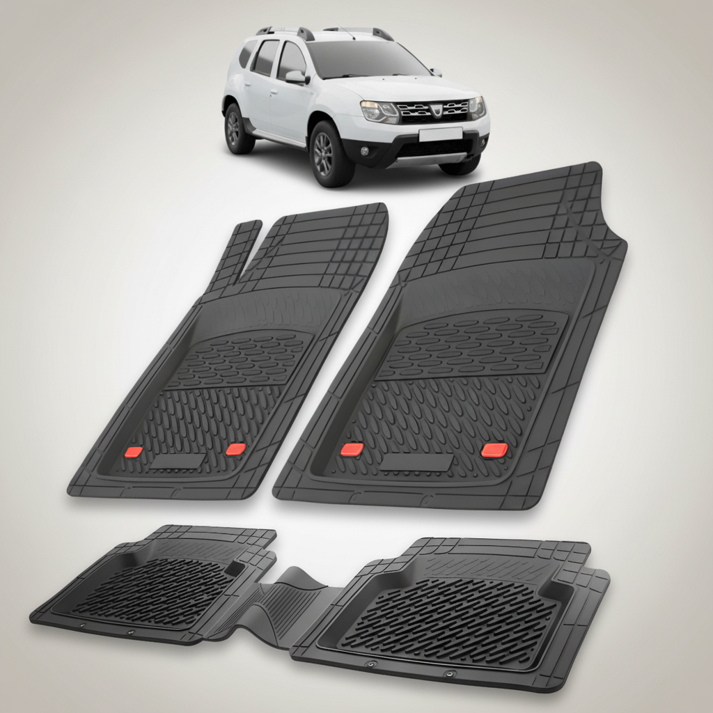 Set of black car floor mats with a white SUV in the background