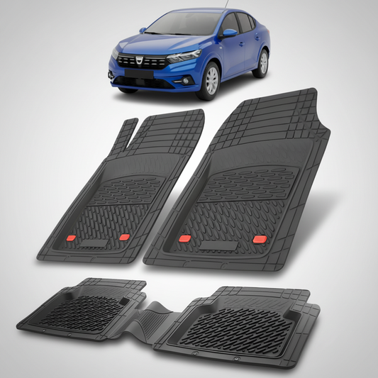 Set of black car floor mats with a blue car in the corner.