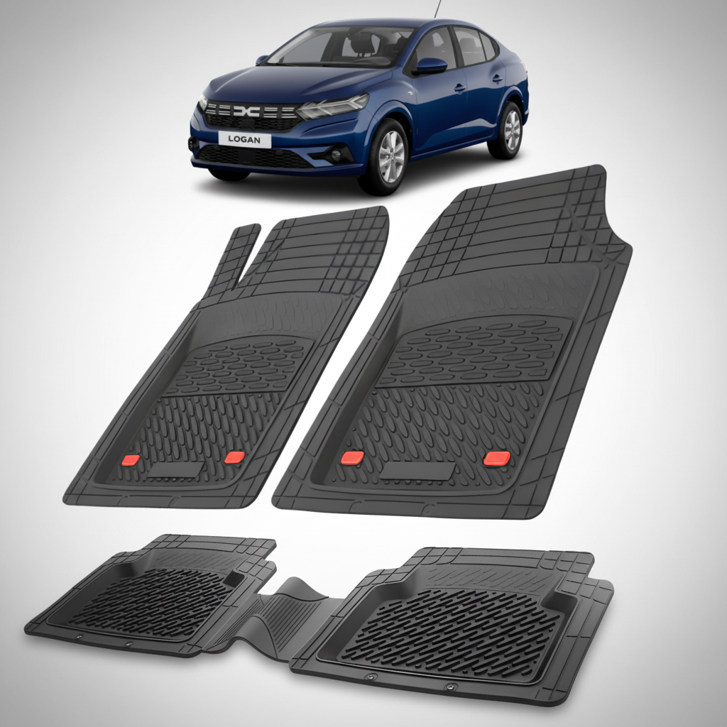 Set of black car floor mats with a blue car in the background
