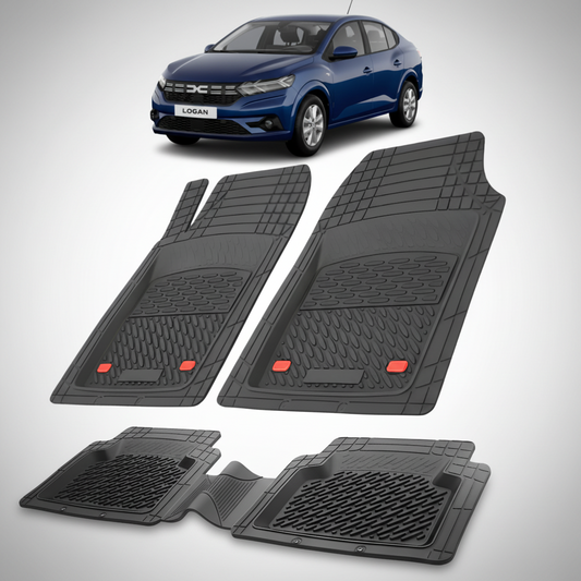 Set of black car floor mats with a blue car in the background