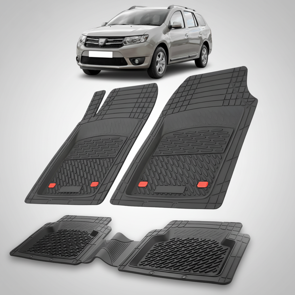 Set of black car floor mats with a car in the background