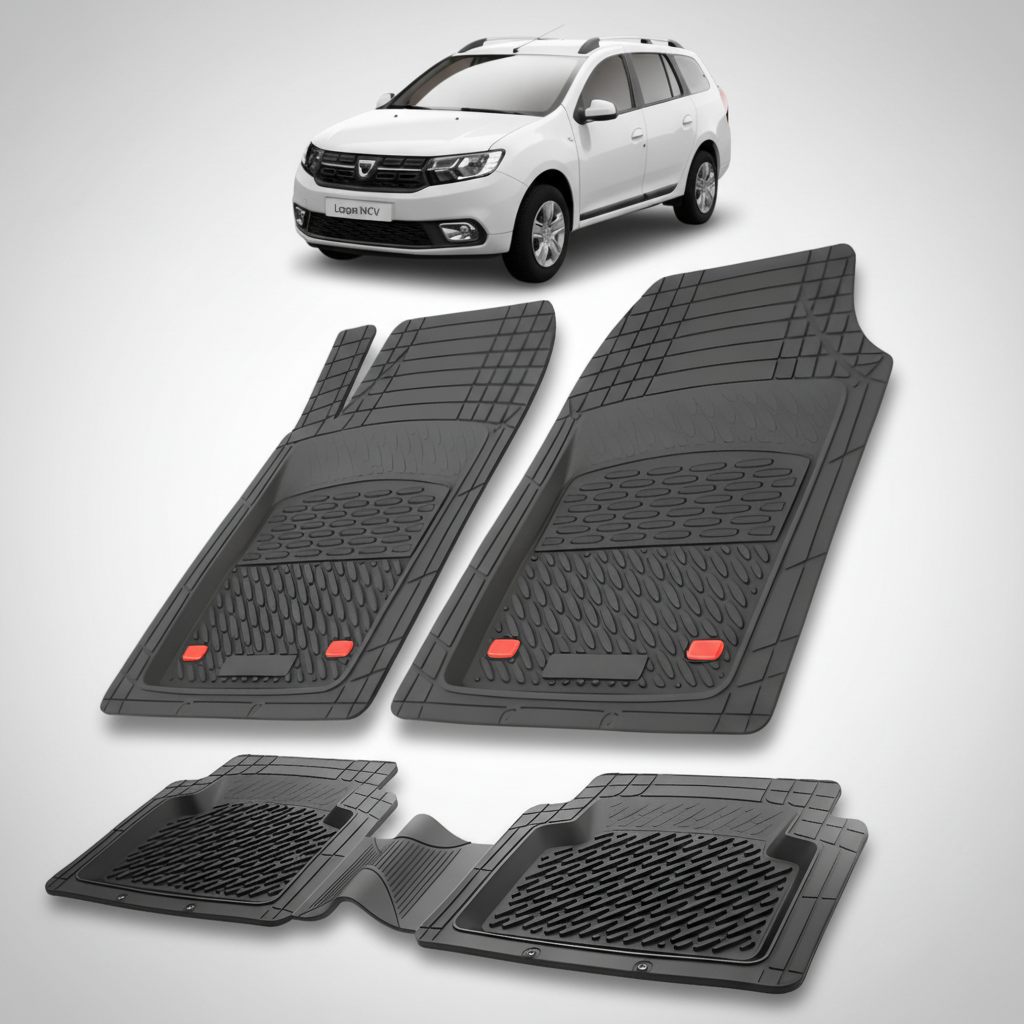 Set of black car floor mats with a white car in the corner.