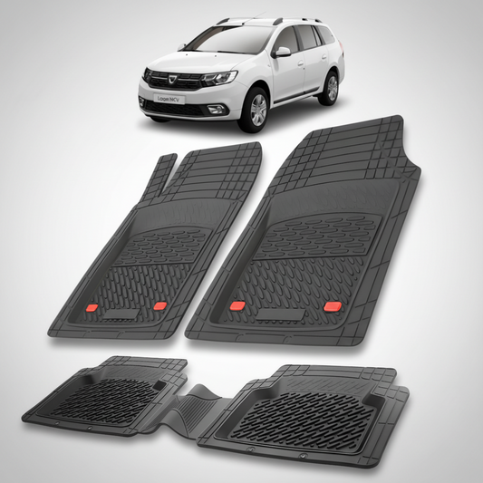 Set of black car floor mats with a white car in the corner.