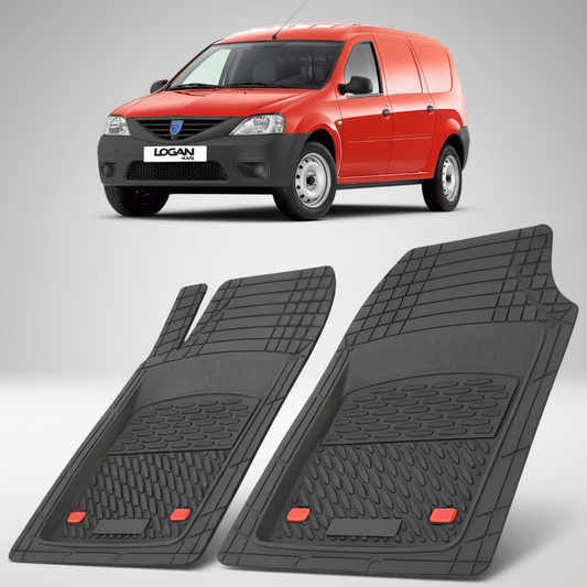 Two black car floor mats with red accents on a white background, with a red car in the top corner.