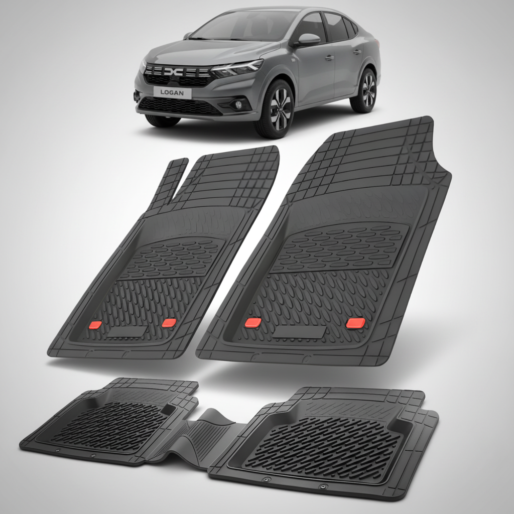 Set of black car floor mats with a car in the background