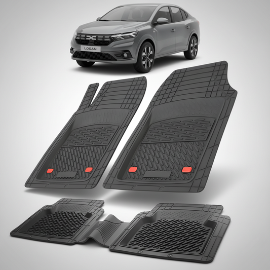 Set of black car floor mats with a car in the background