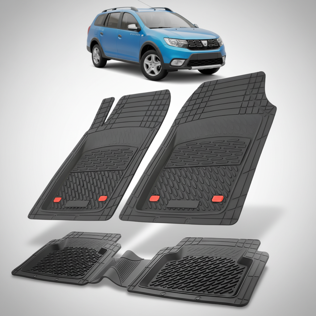 Set of black car floor mats with a blue car in the corner.