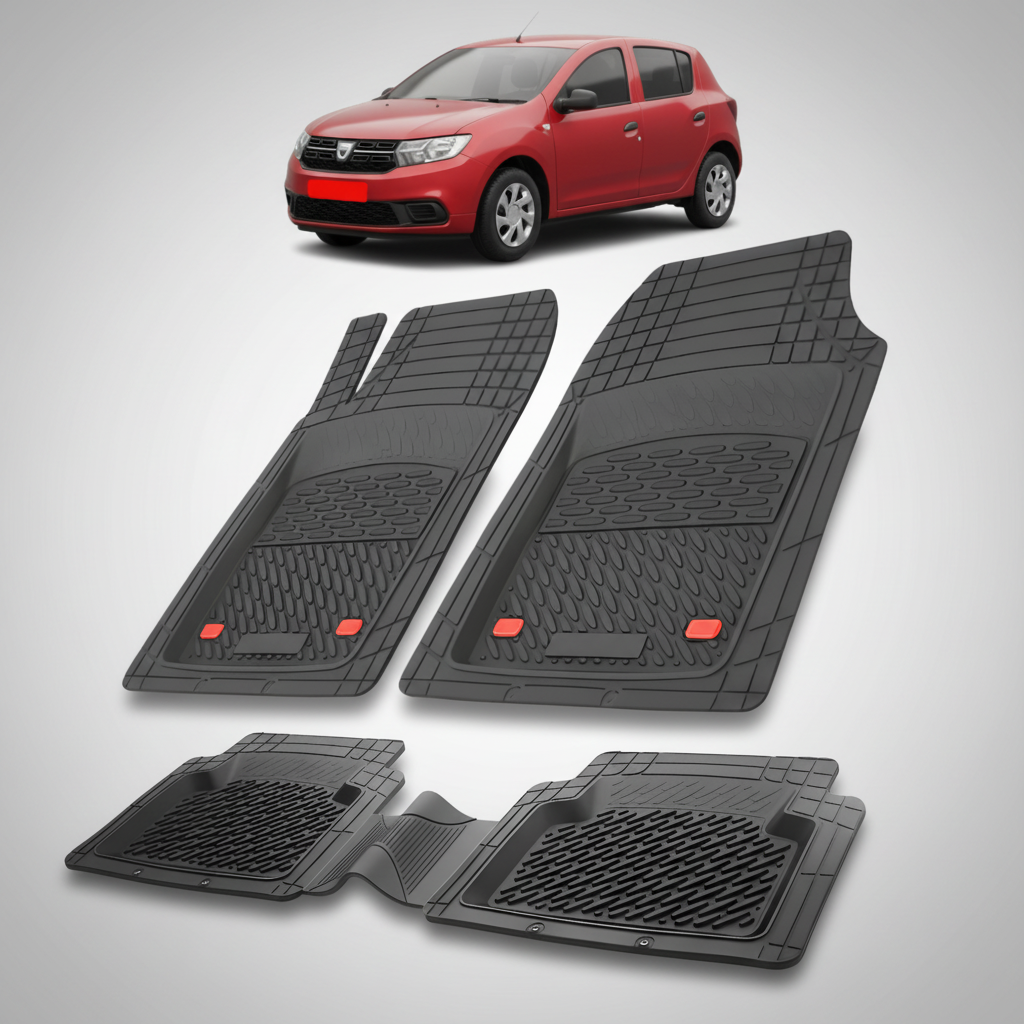 Set of black car floor mats with a red car in the background