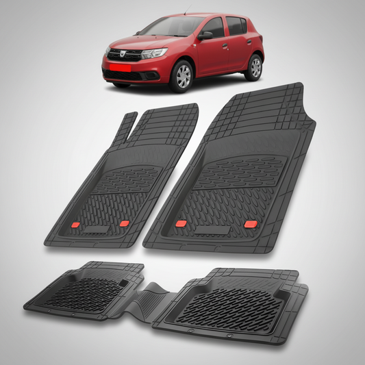 Set of black car floor mats with a red car in the background