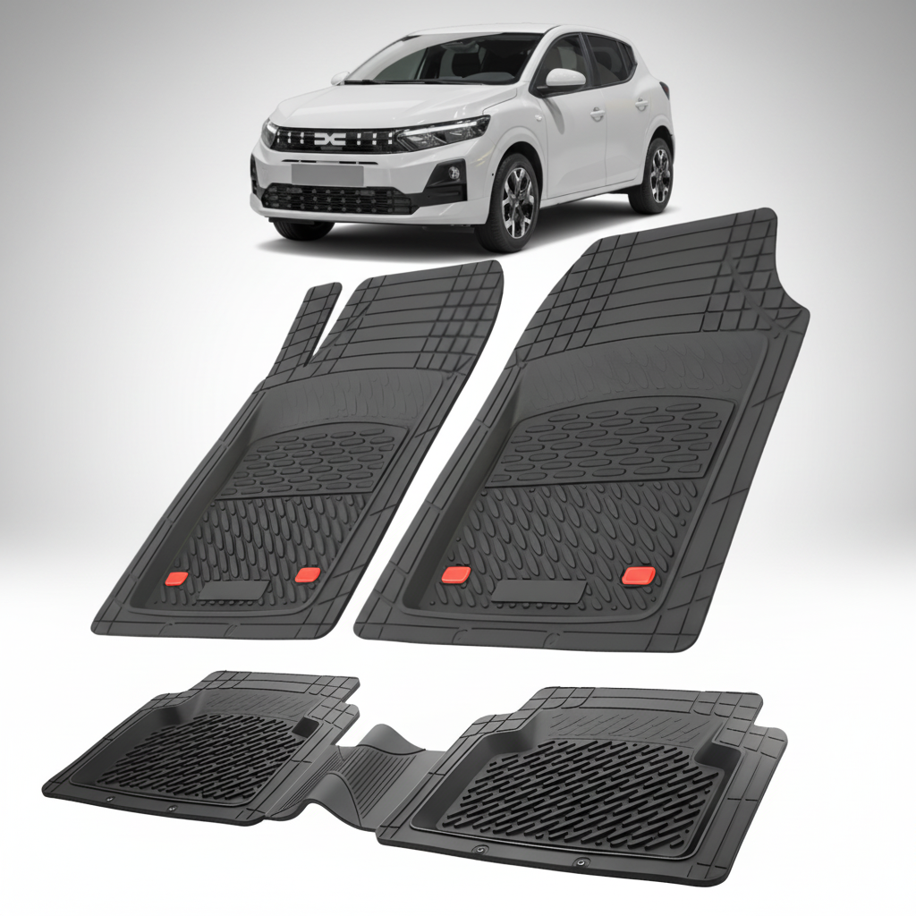 Set of black car floor mats with a white car in the background