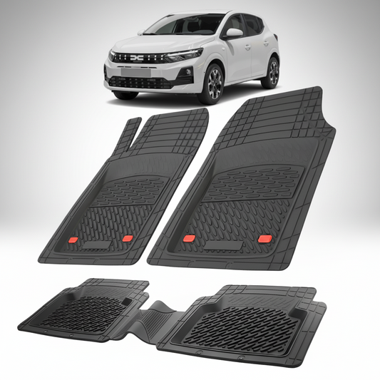 Set of black car floor mats with a white car in the background