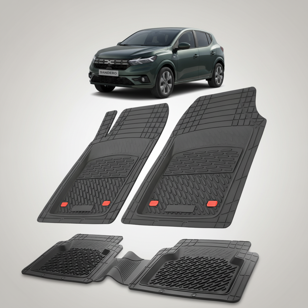 Set of black car floor mats with a car in the background