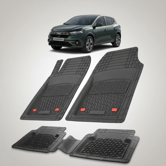 Set of black car floor mats with a car in the background