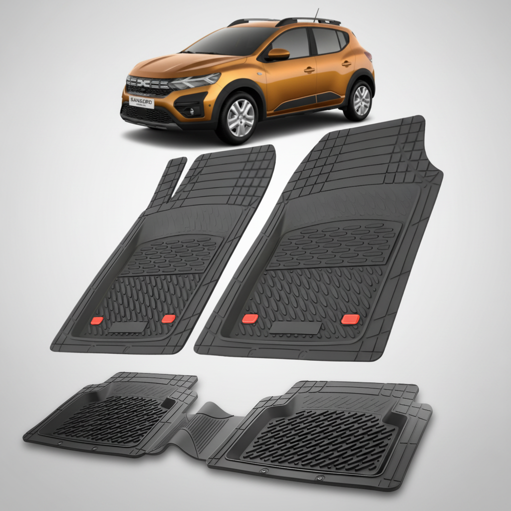 Set of black car floor mats with a gold SUV in the background