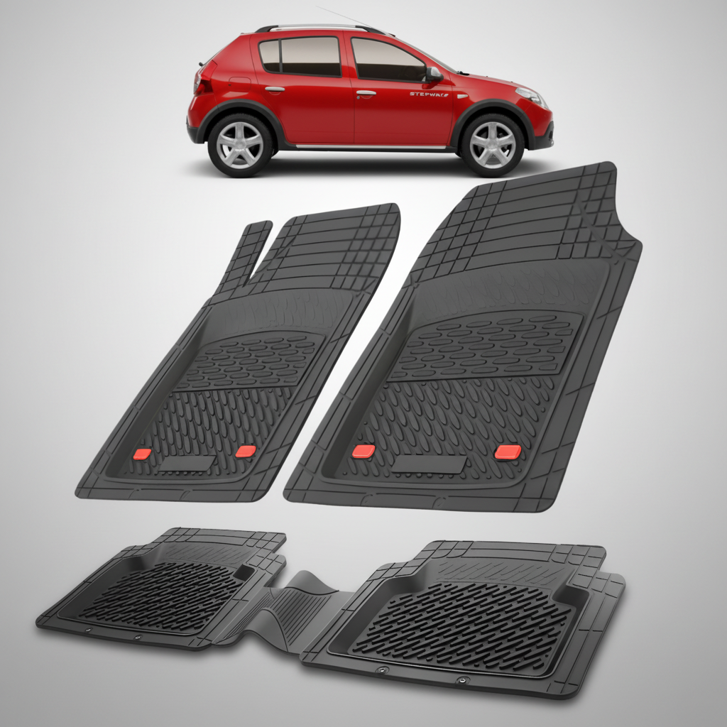 Set of black car floor mats with a red car in the corner on a white background
