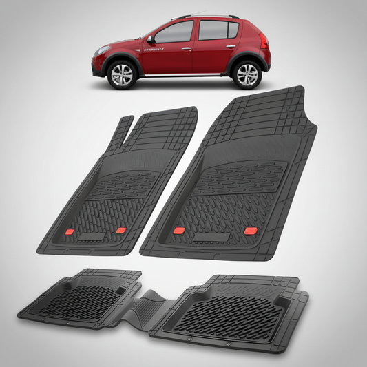 Set of black car floor mats with a red car in the corner on a white background